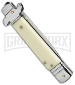 8" Leverlock Sim Ivory Automatic Knife - Bayonet Satin Plain -Grindworx 7.625in Leverlock Sim Ivory Bayo GBS1875 BP 19558 jr side large