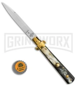 AGA Campolin 10" Brass/Dark Horn Italian Frosolone Automatic Knife - Bayonet -Grindworx AGA Campolin 10in Brass Dark Horn Italian Frosolone Bayonet BP 29647 er bottlecap large