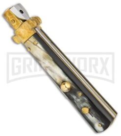 AGA Campolin 10" Brass/Dark Horn Italian Frosolone Automatic Knife - Bayonet -Grindworx AGA Campolin 10in Brass Dark Horn Italian Frosolone Bayonet BP 29647 er spine large