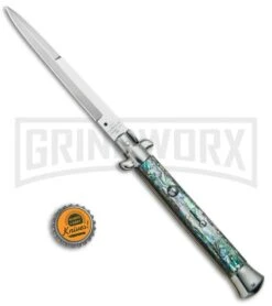 AGA Campolin 11" 2017 Italian Picklock Abalone Automatic Knife - Bayonet -Grindworx AGA Campolin 11in Picklock Italian Stiletto Abalone Satin BHQ 78223 jr bottlecap 2 large
