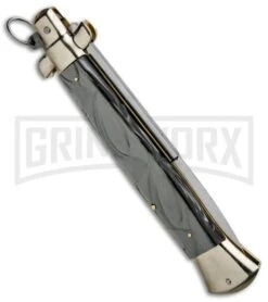 A.G.A. Campolin 18" Italian Stiletto Gray Ring Pull Automatic Knife - Bayo Satin -Grindworx AGA Campolin 18in Italian Stiletto Silver Ring Pull Bayo BP 30462 jr side large