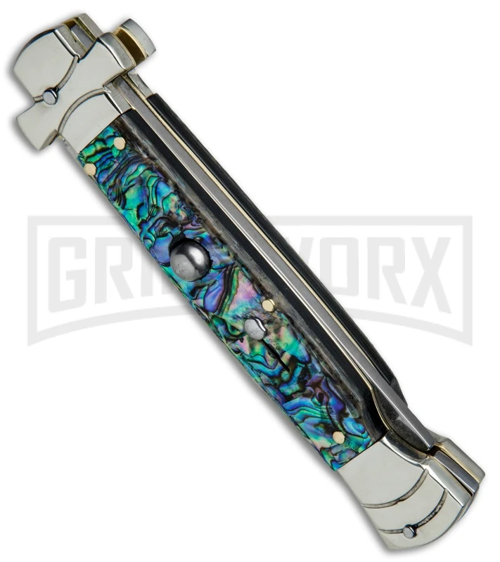 A.G.A. Campolin 9" Maltese Cross Abalone Stiletto Automatic Knife - Bayo Satin 4 A.G.A. Campolin 9" Maltese Cross Abalone Stiletto Automatic Knife - Bayo Satin - Image 2