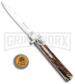 A.G.A. Campolin 9" Dominus Stag Leverlock Automatic Knife - Satin -Grindworx AGA Campolin 9in Dominus LL Auto Stag Satin GO DOM23 HB BHQ 97992 jr bottlecap large