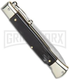 AGA Campolin 9" Italian Stiletto Swinguard Dark Horn Automatic Knife - Bayonet -Grindworx AGA Campolin 9in Italian Stiletto Dark Horn Auto Bayo GX 11091 jr side large