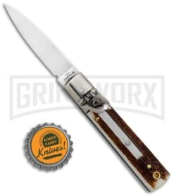 AGA 6" Mini Classic Lever Lock Stag Automatic Knife - Satin Plain -Grindworx AGA Classic 6in LL Auto Italian Stag Satin GX 36958 jr bottlecap large