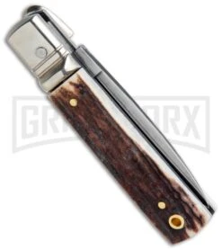 AGA 6" Mini Classic Lever Lock Stag Automatic Knife - Satin Plain -Grindworx AGA Classic 6in LL Auto Italian Stag Satin GX 36958 jr side large