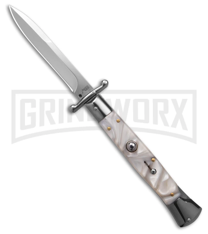 AKC Italian Stiletto Swinguard White Pearlex Automatic Knife - Polish Plain 3 AKC Italian Stiletto Swinguard White Pearlex Automatic Knife - Polish Plain