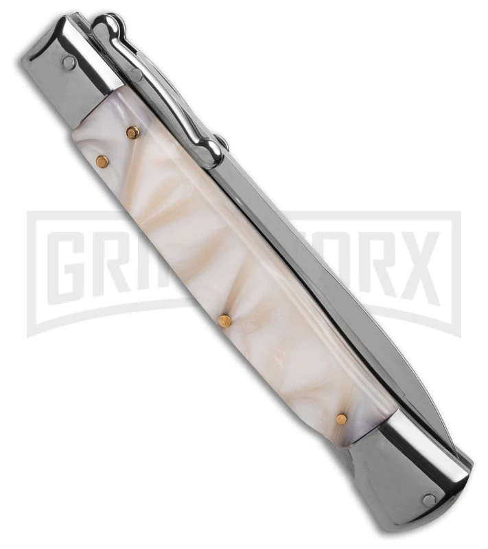 AKC Italian Stiletto Swinguard White Pearlex Automatic Knife - Polish Plain 5 AKC Italian Stiletto Swinguard White Pearlex Automatic Knife - Polish Plain - Image 3