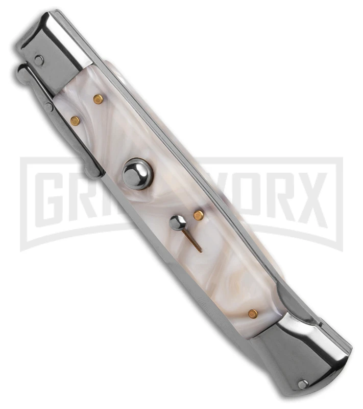 AKC Italian Stiletto Swinguard White Pearlex Automatic Knife - Polish Plain 4 AKC Italian Stiletto Swinguard White Pearlex Automatic Knife - Polish Plain - Image 2