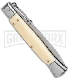 AKC 10" Italian Stiletto Swinguard Sim Ivory Automatic Knife - Bayonet -Grindworx AKC 10in Italian Swinguard Sim Ivory Auto Bayo BHQ 138560 jr side large