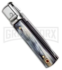 AKC 6" Mini Classic Lever Lock Brazilian Horn Automatic Knife - Satin Plain -Grindworx AKC Classic Leverlock Brazilian Horn BHQ 50889 ns side large