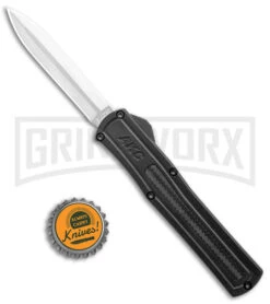 AKC F-20 Black D/A OTF Automatic Knife - Dagger Satin Plain -Grindworx AKC F 20 DA Dagger OTF Auto Black CF Satin BHQ 141100 jr bottlecap large