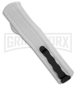 AKC F-20 White Aluminum D/A Dagger OTF Automatic Knife - Two Tone Plain -Grindworx AKC F 20 DA Dagger OTF Auto White Aluminum TT BHQ 179206 jr spine side large