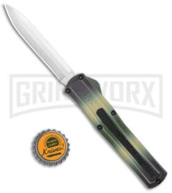 AKC F-20 Camo D/A OTF Automatic Knife - Spear Point Satin Plain -Grindworx AKC F 20 DA SP OTF Auto Camo Satin BHQ 141095 jr bottlecap large