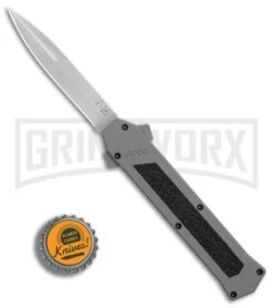 AKC F-16 Gray D/A OTF Automatic Knife - Bayo Satin Plain -Grindworx AKC F16 DA Bayo Satin Plain BP 25691 er bottlecap large