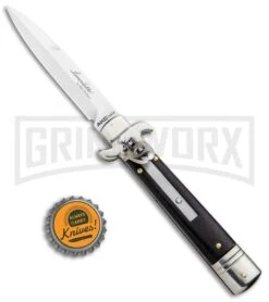 AKC 7.75" Leverletto Ebony Automatic Knife - Satin Bayonet -Grindworx AKC Leverletto LL Auto Ebony Bayo BHQ 92878 jr bottlecap large