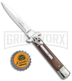 AKC 7.75" Bill DeShivs Leverletto Cocobolo Auto Knife - Satin Plain Bayonet -Grindworx AKC Leverletto LL Auto Italian Cocobolo Satin Bayo BHQ 139808 jr bottlecap large