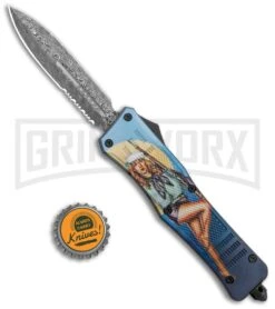 Atomic Defender Large OTF Automatic Knife Pin Up Blue - Serr Damascus Dagger -Grindworx Atomic Defender Large OTF Auto Pin Up Blue Serr Damascus Dagger GX 37342 jr bottlecap large