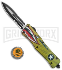 Large Atomic Defender OTF Yellow Warhawk Automatic Dagger Knife - Two Tone Serr -Grindworx Atomic Defender Large OTF Auto Yellow Warhawk TT Dagger Double Serr GX 38218 jr bottlecap large