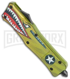 Large Atomic Defender OTF Yellow Warhawk Automatic Dagger Knife - Two Tone Serr -Grindworx Atomic Defender Large OTF Auto Yellow Warhawk TT Dagger Double Serr GX 38218 jr spine large
