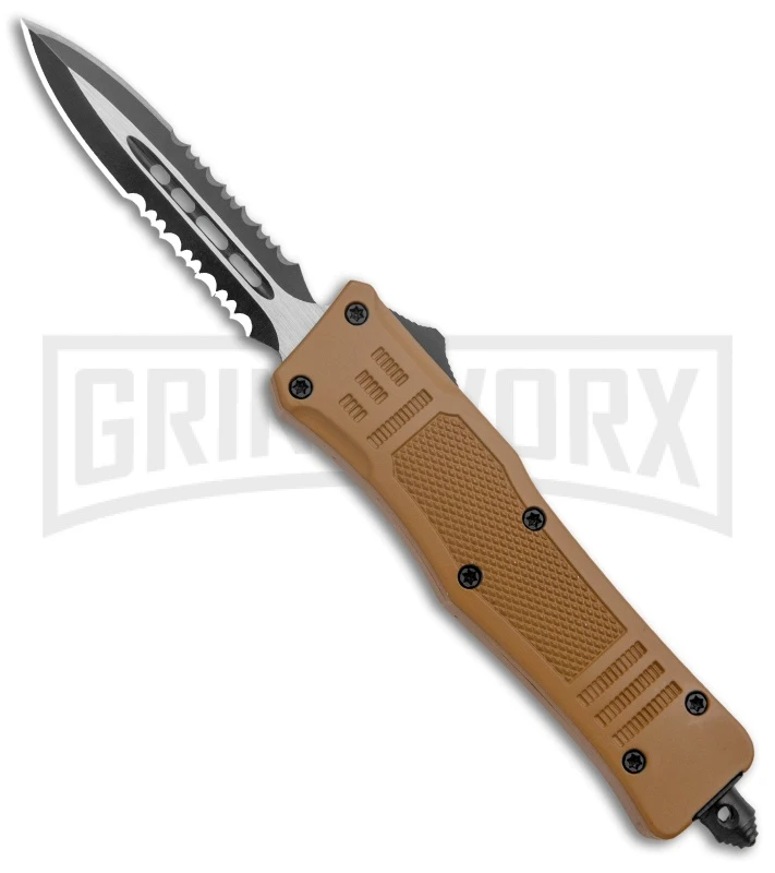 Atomic Defender Mini OTF Automatic Knife Sand Brown (2.625" Two-Tone Serr) 3 Atomic Defender Mini OTF Automatic Knife Sand Brown (2.625" Two-Tone Serr)