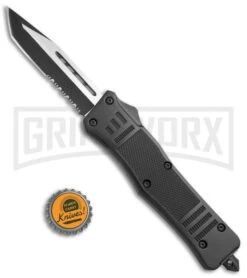 Atomic Defender Large OTF Automatic Knife Black - Serr Two Tone Tanto -Grindworx Atomic Defender OTF Tanto Black TT Serr 6PA21 55F BP 19787 jr bottlecap large