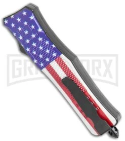 Atomic Defender Medium OTF Automatic Knife Stars & Stripes Flag - Two Tone -Grindworx Atomic Medium Defender DP USA Flag OTF Auto TT GX 36308 jr side large