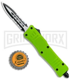 Atomic Defender Mini OTF Automatic Knife Zombie Green - Serr Two Tone Dagger -Grindworx Atomic Mini Defender Bright Green OTF Auto Black Dagger Serr GX 33965 jr bottlecap large