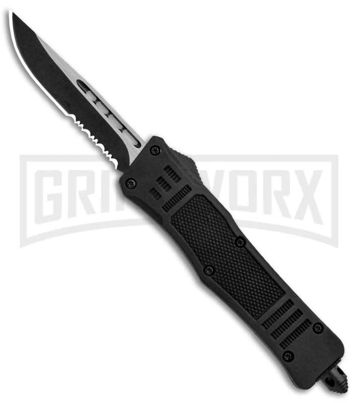 Atomic Defender Mini OTF Automatic Knife Black - Serr Two Tone Drop Point 3 Atomic Defender Mini OTF Automatic Knife Black - Serr Two Tone Drop Point