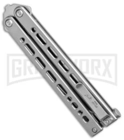 Bear Ops Bear Song VIII Small Gray Butterfly Knife - Clip Point Satin Plain -Grindworx Bear Ops Bear Song VIII Small Butterfly Gray Satin CP BHQ 145121 jr side large