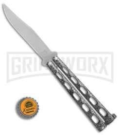Bear & Son Knives Silver Speckle 114 Balisong Butterfly Knife - Satin Plain -Grindworx Bear Son 114 speckle satin BHQ 0365 er bottlecap large