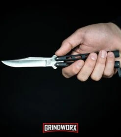 Bear & Son Knives Silver Speckle 114 Balisong Butterfly Knife - Satin Plain -Grindworx Bear Son 114B Large Butterfly Knife Black Satin BHQ 0364 kp in hand web large 1