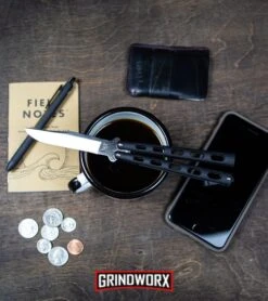 Bear & Son Knives Silver Speckle 114 Balisong Butterfly Knife - Satin Plain -Grindworx Bear Son 114B Large Butterfly Knife Black Satin BHQ 0364 kp lifestyle web large 1