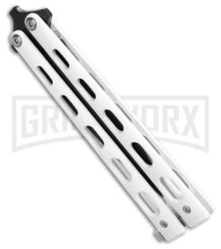 Bear & Son 115W White Butterfly Knife - Black Plain 4TH18 7 Bear & Son 115W White Butterfly Knife - Black Plain 4TH18 -Grindworx Bear Son Large Clip Point Butterfly Knife White 4in Black BHQ 77306 td side large