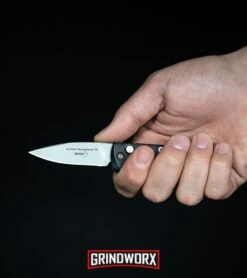 Boker Mini Kalashnikov Gray Automatic Knife - Black Serr -Grindworx Boker Mini Kalashnikov Automatic Knife Black Bead Blast 01KALS73 BHQ 10758 kp in hand web large