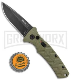 Boker Mini Strike Automatic Knife OD Green - Drop Point Black SW Plain -Grindworx Boker Mini Strike Auto OD Green Smokewash 01BO437NSOI BHQ 99630 jr bottlecap large