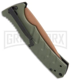 Boker Plus Strike Desert Warrior OD Green Automatic Knife - Tanto Copper Plain -Grindworx Boker Plus Strike Tanto Desert Warrior OD Green copper BHQ 68520 er side jr large