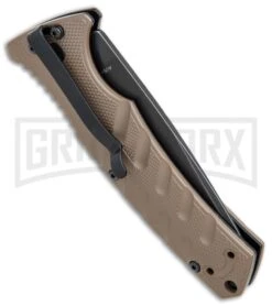 Boker Plus Strike Coyote Brown Automatic Knife - D2 Drop Point Black SW -Grindworx Boker Plus Strike drop point coyote brown black sw BHQ 67882 er side jr large