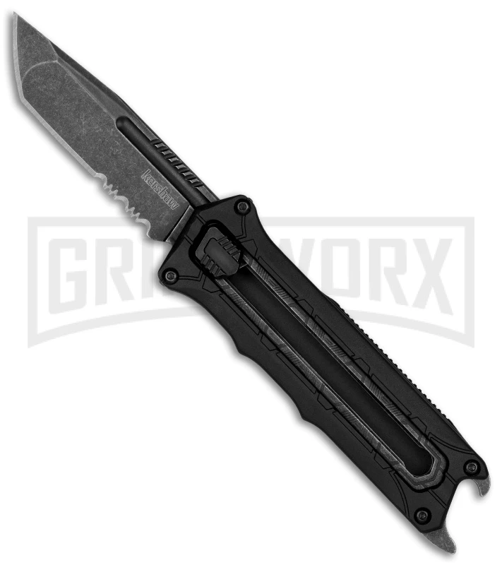 Kershaw Interstellar Black Manual Sliding Button Lock OTF Knife - Blackwash Serr 3 Kershaw Interstellar Black Manual Sliding Button Lock OTF Knife - Blackwash Serr