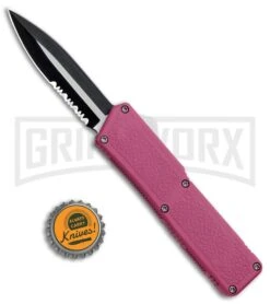 Lightning Pink D/A OTF Automatic Knife - Two-Tone Dagger Serrated -Grindworx Lightning Pink DA OTF Auto TT Dagger GX 30818 jr bottlecap large