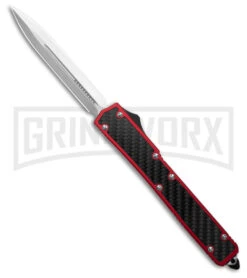MIK OTF Automatic Knife Red Sim Carbon Fiber Inlay Dagger - Stonewash Plain