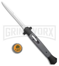 Mago 13" Sim CF/ Black D/A Italian Stiletto OTF Knife - Satin Plain Bayo -Grindworx Mago 13in Sim CF Black DA Italian Stiletto OTF Satin Bayo GX 39629 jr bottlecap large