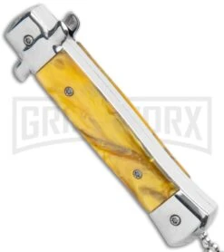 Mago 4.75" Mini Stiletto OTF Automatic Knife - Yellow Marble -Grindworx Mago Mini OTF Stiletto Yellow GX 34273 jr side large