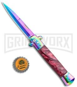 Milano 9" Italian Stiletto Red Swirl Automatic Knife - Bayonet Spectrum -Grindworx Milano 9in Italian Stiletto Red Swirl Auto Bayo Spectrum GX 36290 jr bottlecap large
