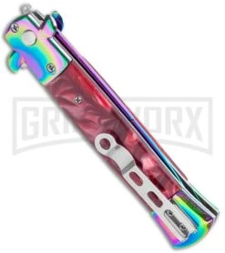 Milano 9" Italian Stiletto Red Swirl Automatic Knife - Bayonet Spectrum -Grindworx Milano 9in Italian Stiletto Red Swirl Auto Bayo Spectrum GX 36290 jr side large