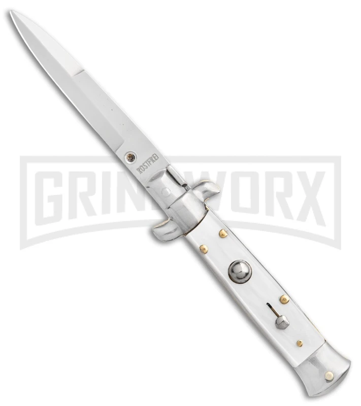 SKM 5.5" Italian Stiletto White Pearlex Automatic Knife - Bayonet 3 SKM 5.5" Italian Stiletto White Pearlex Automatic Knife - Bayonet