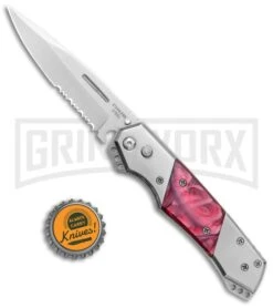 Super Knife Croc Automatic Knife Stainless W/ Red Marble Inlay - Satin Serr -Grindworx Super Knife Croc Auto SS Red Marble Inlay Satin Serr GA303MRD GX 36694 jr bottlecap large