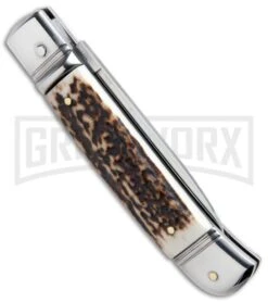 AKC 8" Italian Stiletto Lever Lock Stag Horn Automatic Knife - Flat Grind -Grindworx akc lever lock stag side large