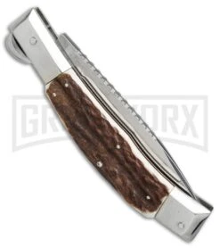Lepre 10' Stag Horn Picklock Automatic Knife Fileworked - Satin Plain -Grindworx lepre 10in stag horn fileworked BP 18831 er side large